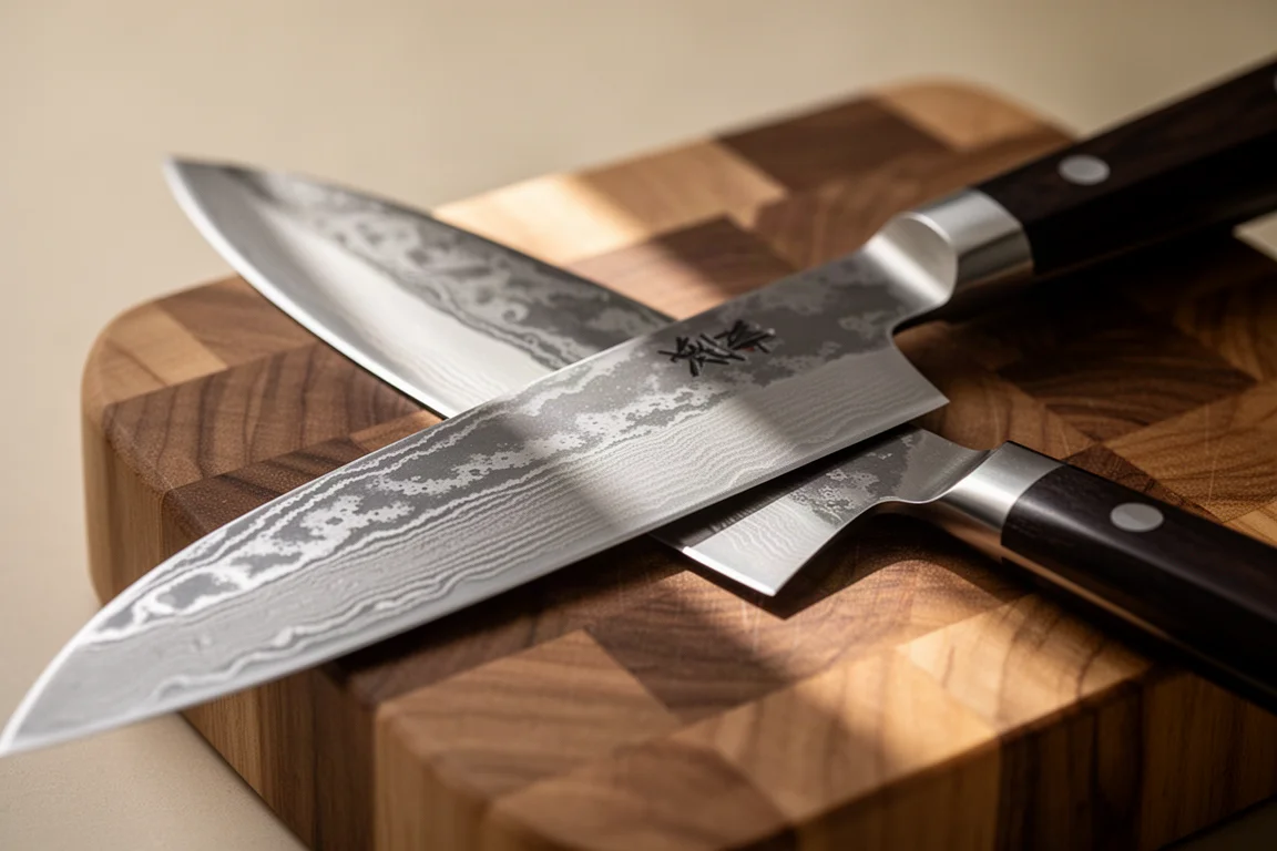 Primo piano del filo di un coltello giapponese affilato a mano appoggiato su un tagliere di legno