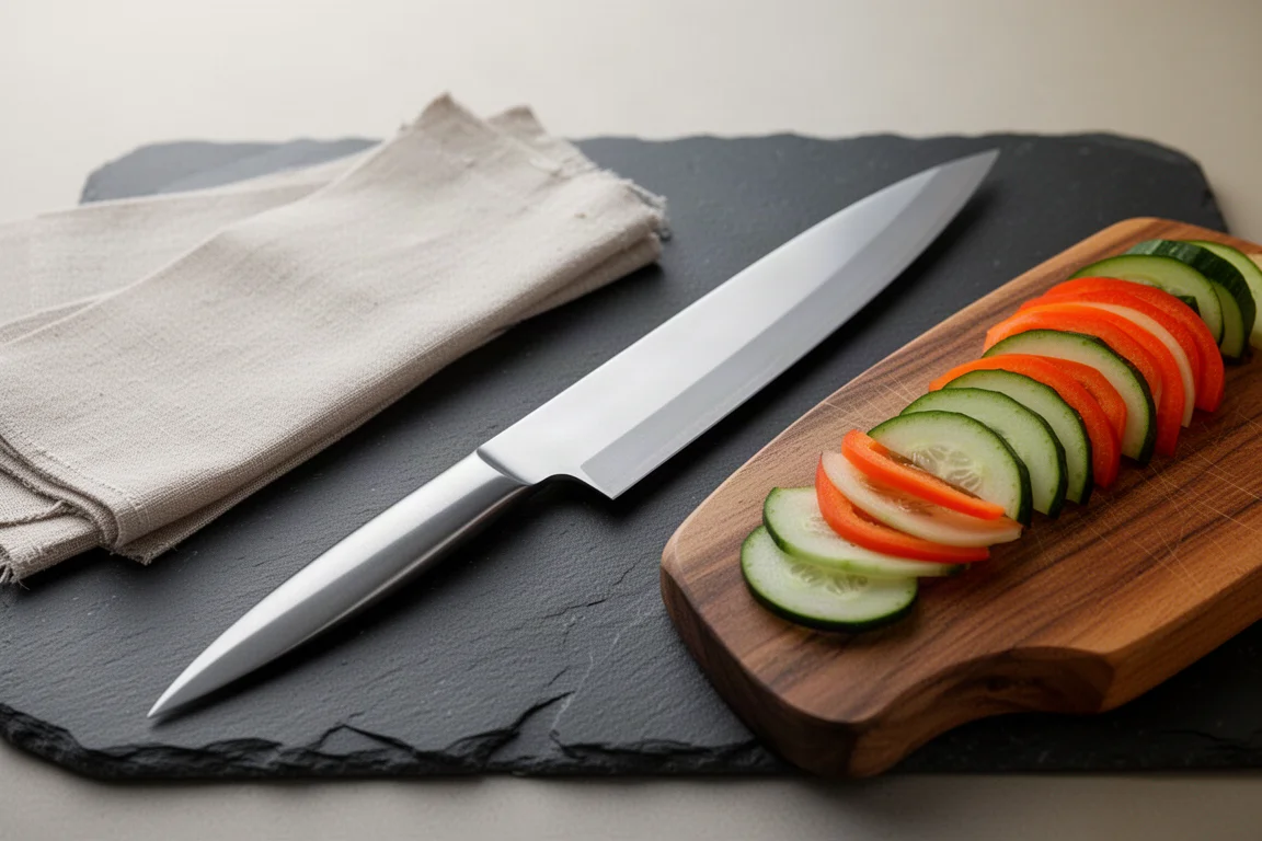 Lungo coltello giapponese a filetto singolo su una superficie in ardesia accanto al tagliere