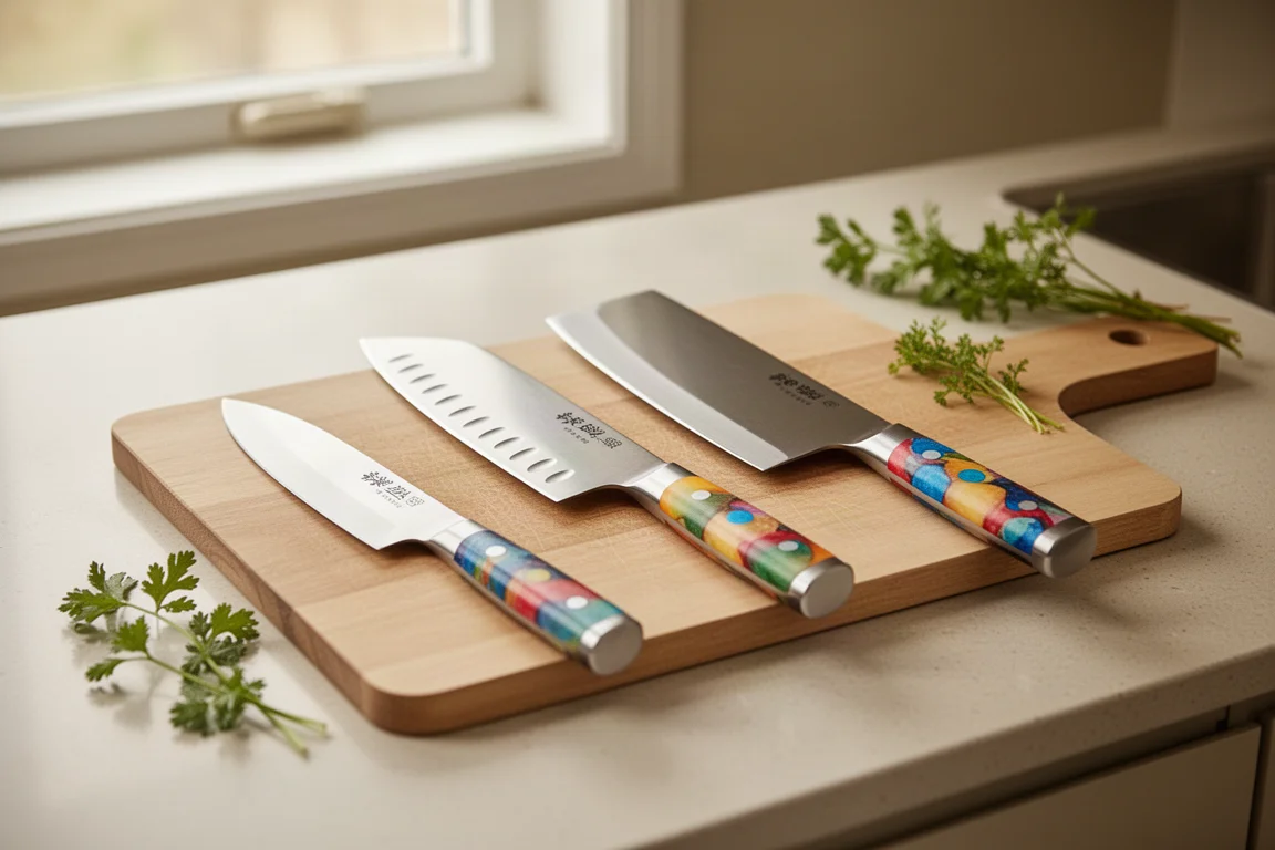 Set di tre coltelli giapponesi disposti su un piano cucina con fiocco regalo