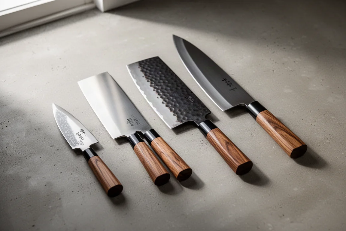 Collection of Japanese kitchen knives including Honesuki, nakiri, santoku and kiritsuke on concrete
