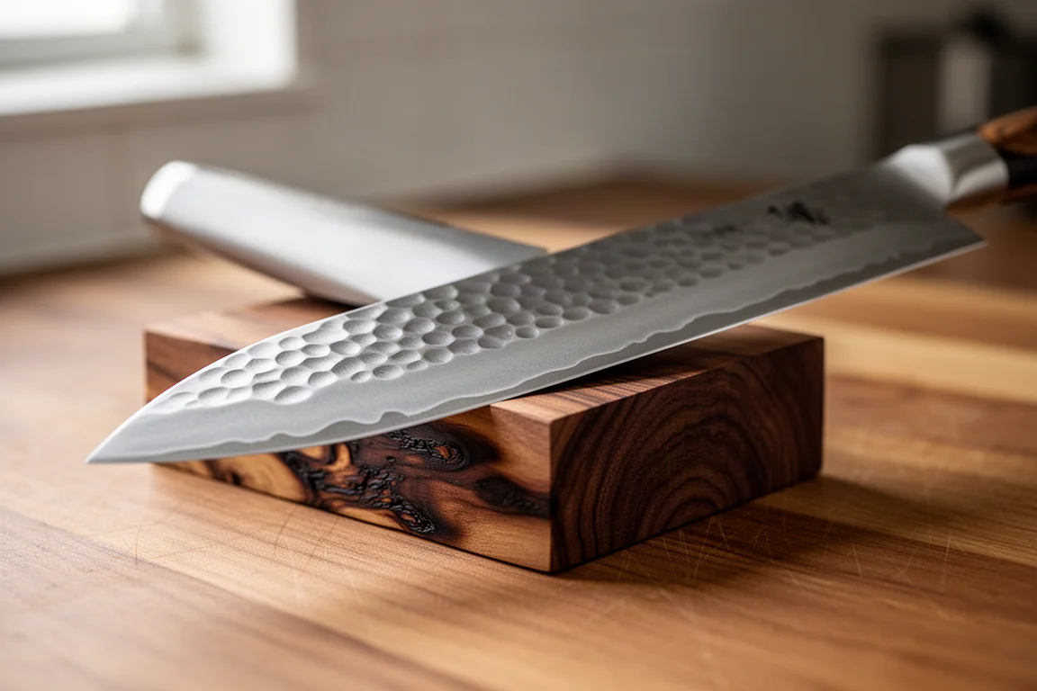 Hammered Japanese kitchen knife blade catching soft window light on a wooden counter