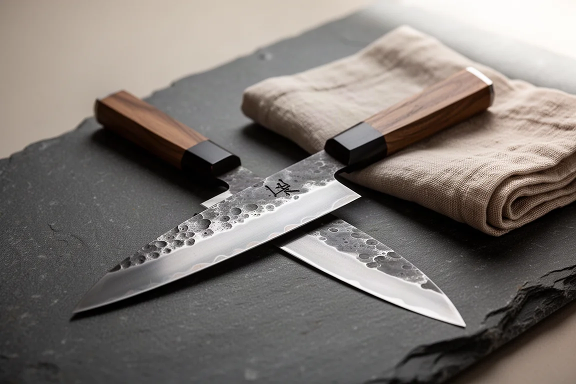 Hand-forged Japanese knife with hammer marks on a dark stone work surface