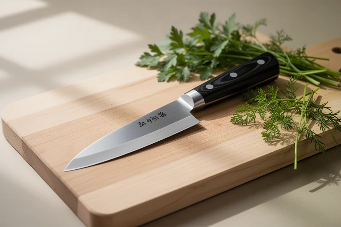 Compact Japanese petty knife with black western handle on a cutting board
