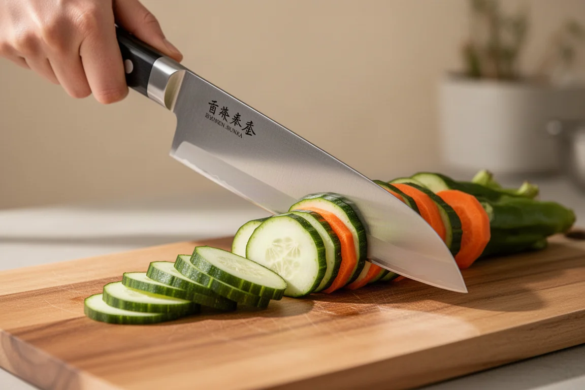 Tall-bladed bunka knife mid-cut through vegetables on a kitchen counter