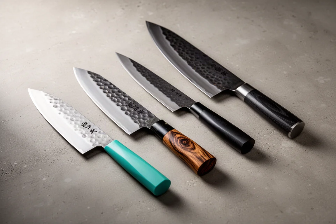 Four Japanese kitchen knives with varied handles arranged on a concrete surface