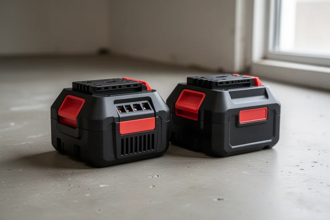 Two large cordless power tool battery packs resting on a concrete workshop floor