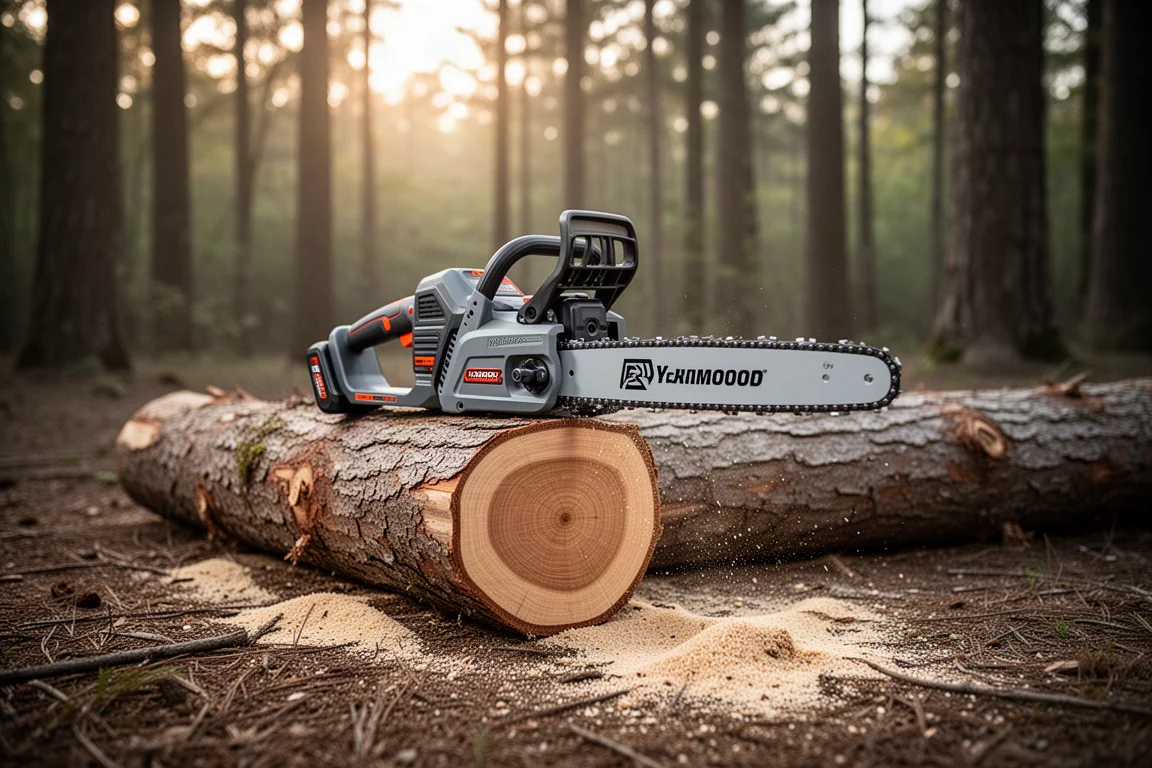 Cordless chainsaw cutting through a hardwood log in a wooded clearing