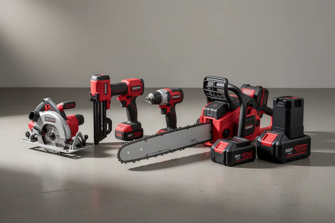 Row of Milwaukee cordless power tools and Forge battery packs on a concrete workshop floor