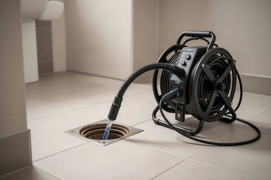 Kamera för dräneringsinspektion för in en flexibel kabel i ett avloppsrör