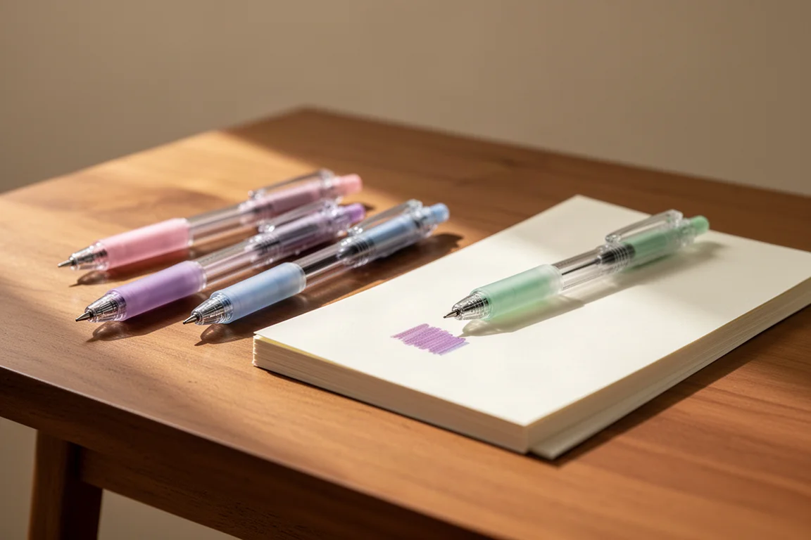 Gel pens in subdued and marbled finishes arranged on a desk