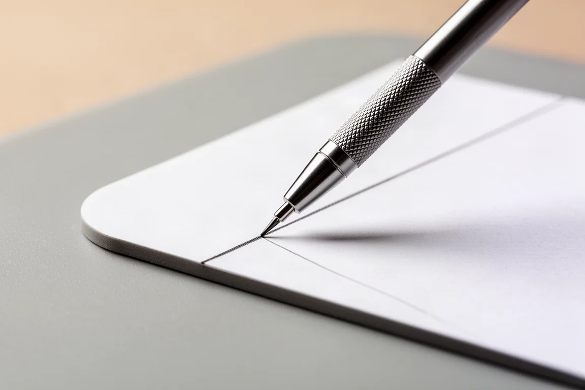 Mechanical pencil writing on paper with automatic lead mechanism in focus