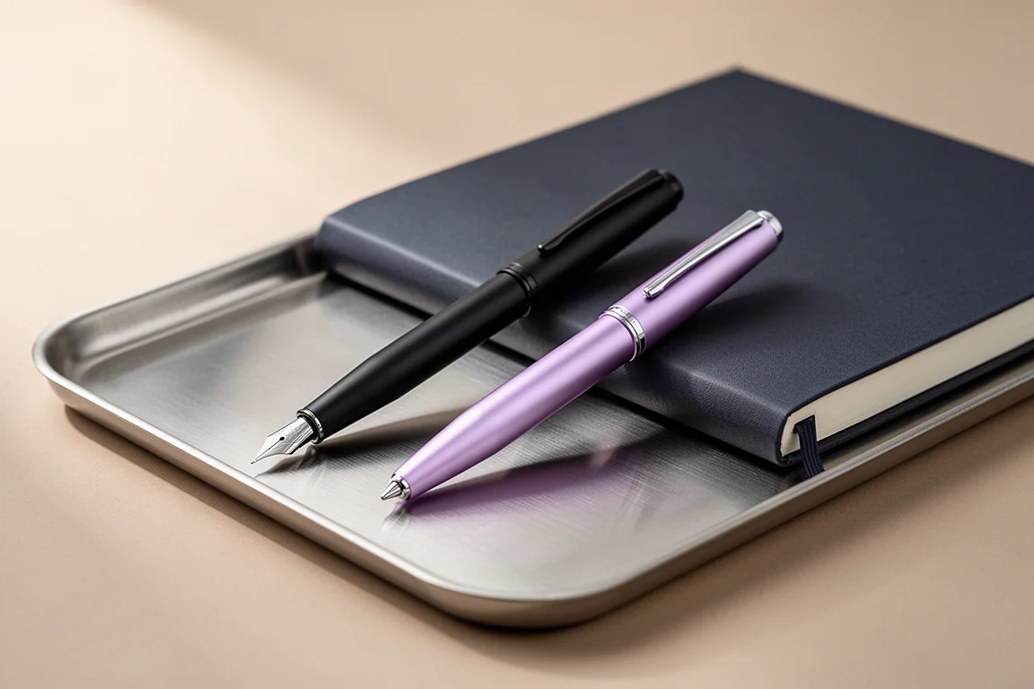 Metal fountain pens resting beside a closed notebook in soft light