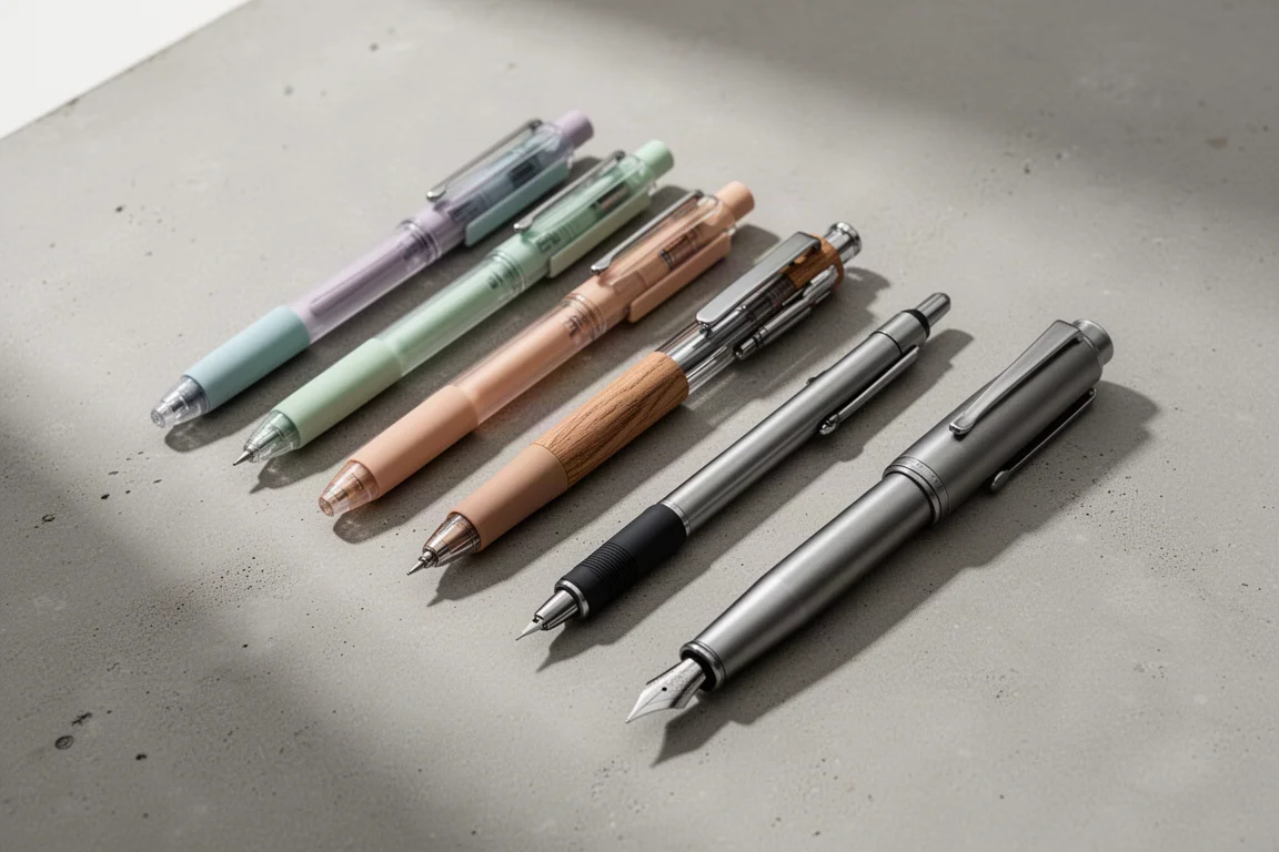 Flat-lay of gel pens, multi pens, a mechanical pencil, and a fountain pen on concrete