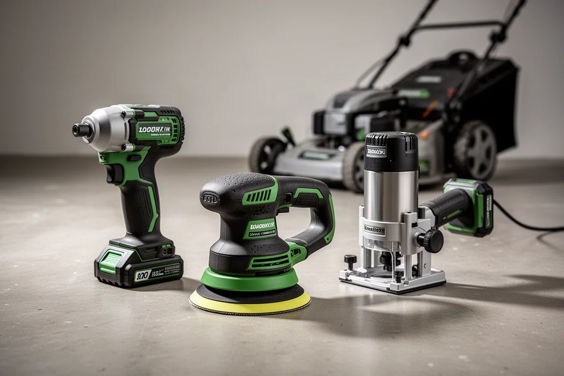 Collection of cordless power tools including an impact wrench, sander, router, and lawnmower on a concrete surface