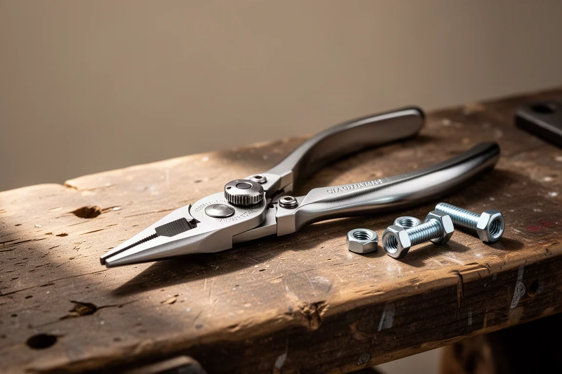 Knipex Cobra Zange liegt auf einer Werkbank, die Druckknopfverstellung gut sichtbar