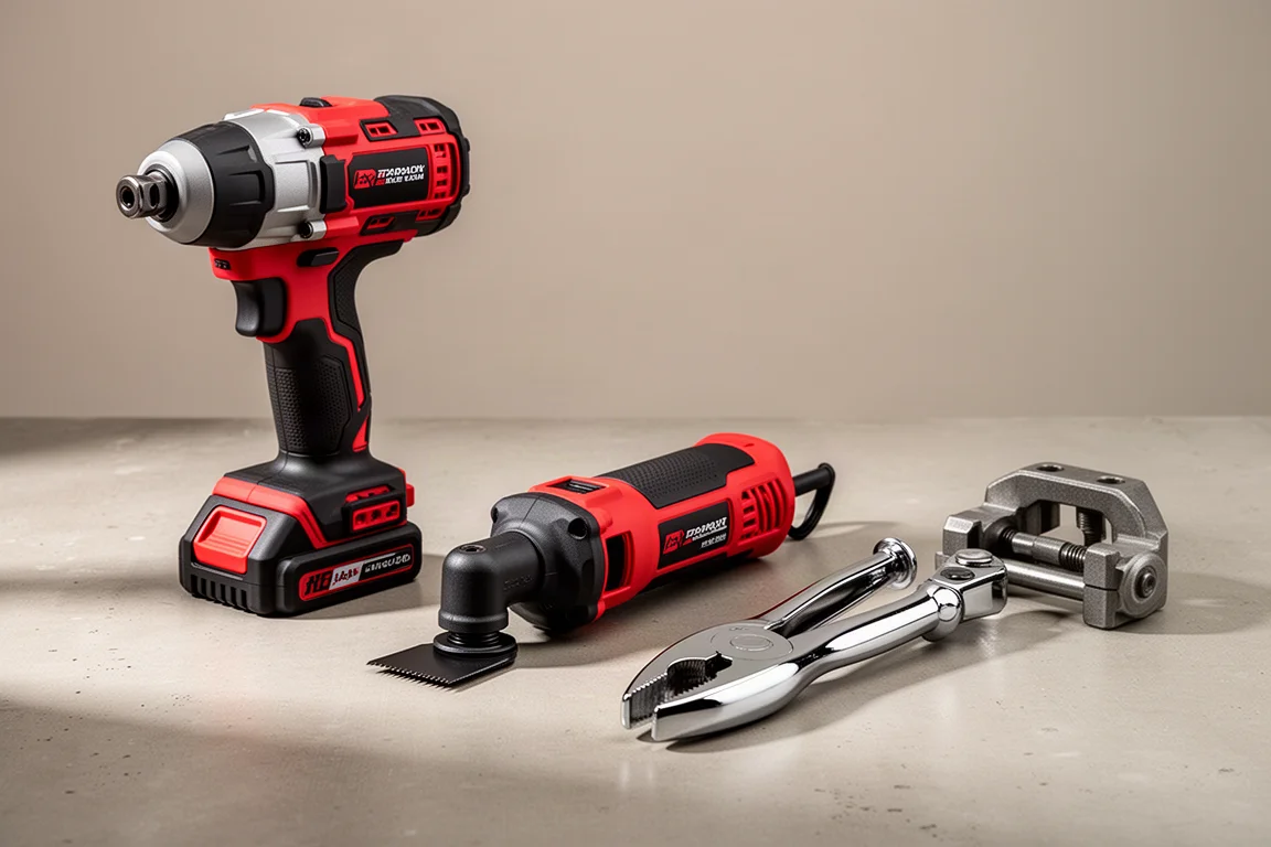 Lineup of professional trade tools including an impact driver, multi-tool, pliers and press tool on concrete