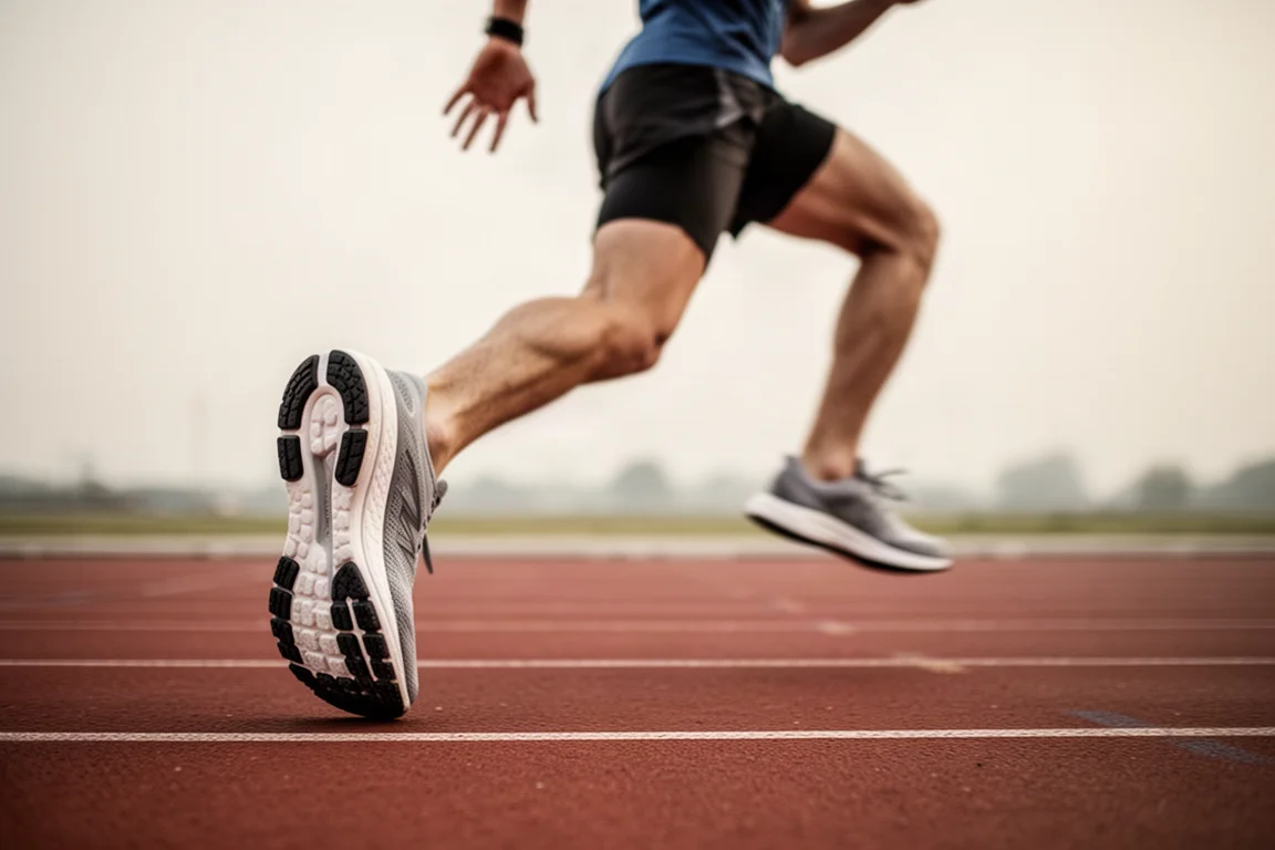 Sprinter midden in een pas op een atletiekbaan bij zacht daglicht