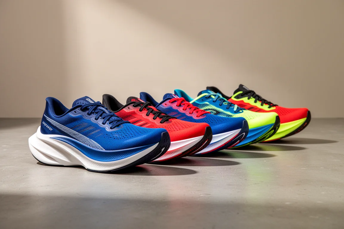 Lineup of modern cushioned road running shoes on a concrete surface