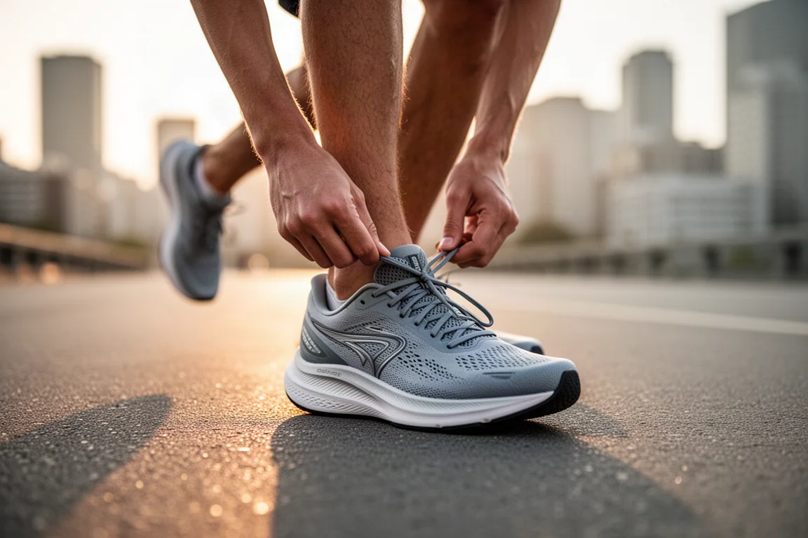Coureur lacing une chaussure de running route légère sur un trottoir urbain au lever du soleil