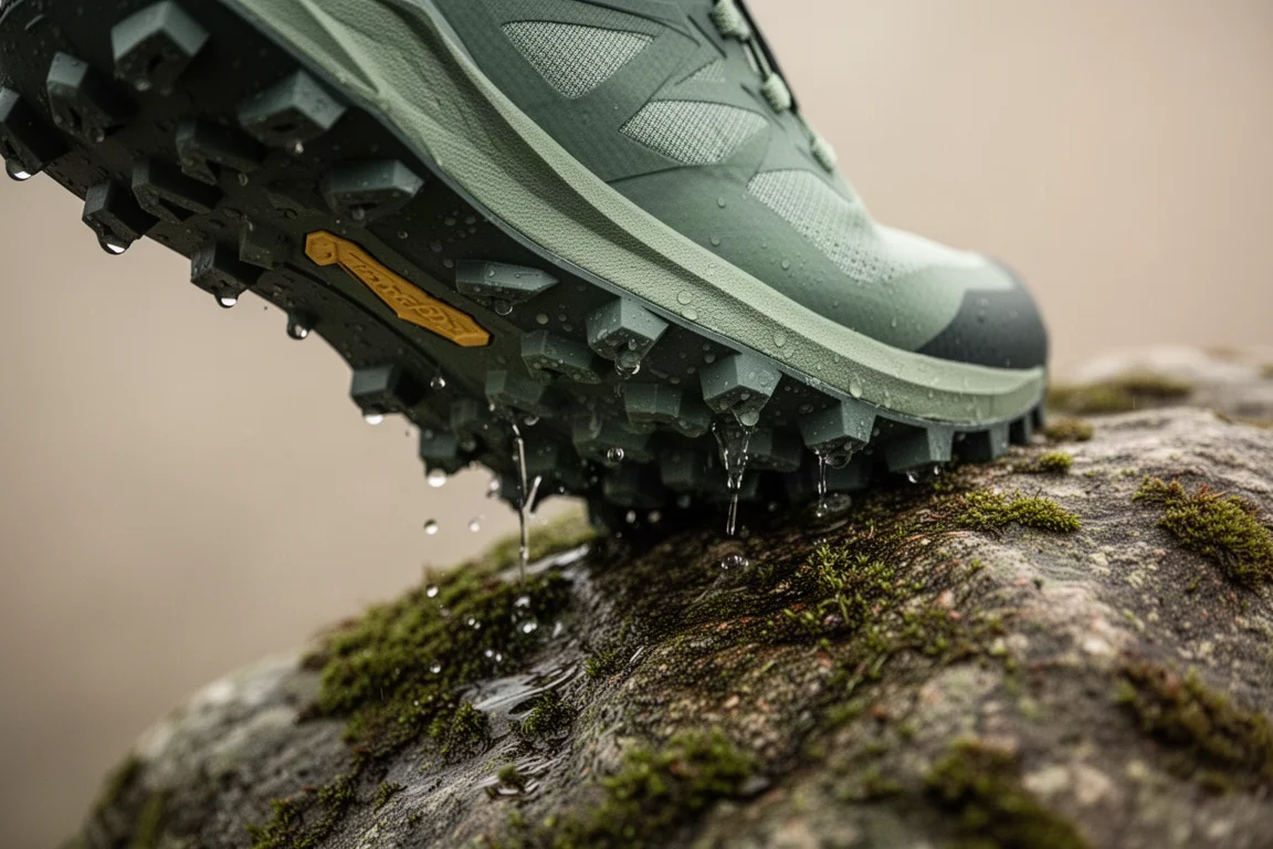Gros plan sur une semelle de chaussure de trail à crampons accrochant une roche mouillée