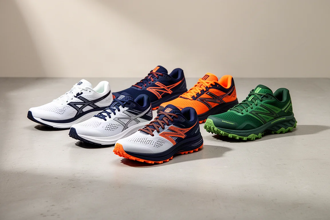Sei scarpe da running da strada e trail allineate su una superficie grigia di cemento
