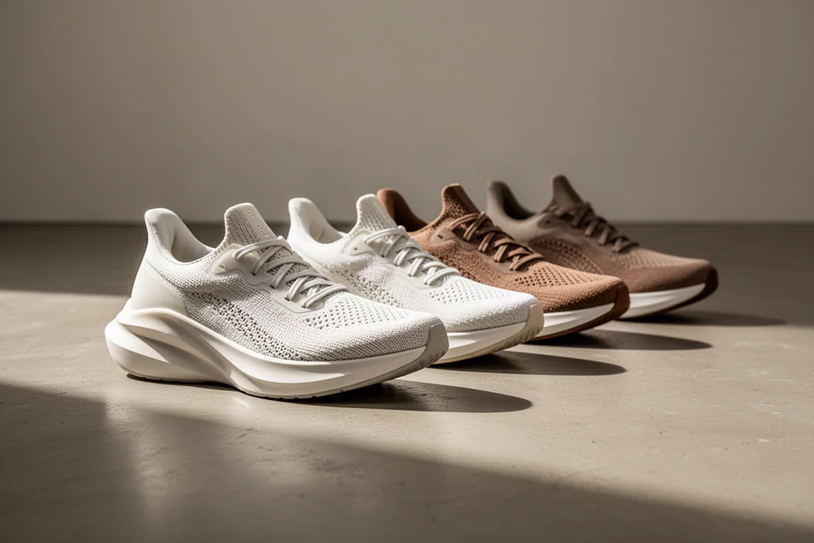 Row of modern running shoes lined up on a studio floor under soft light