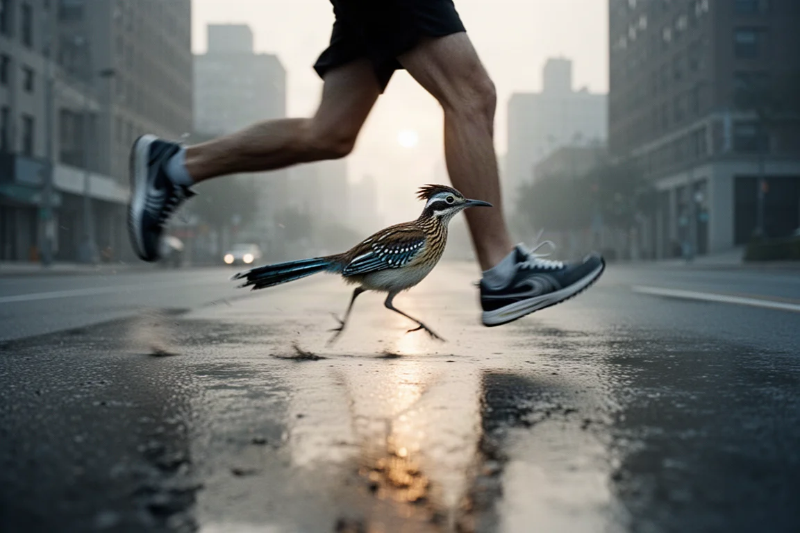 Runner mid-stride on wet city pavement in soft morning light