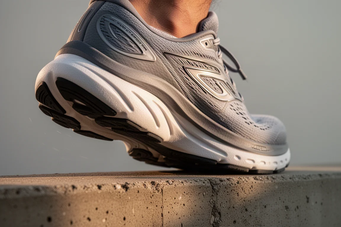 Close-up of a cushioned running shoe midsole flexing on a curb