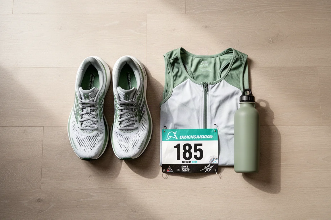 Running shoes and race kit laid flat on a wooden floor ready for a run