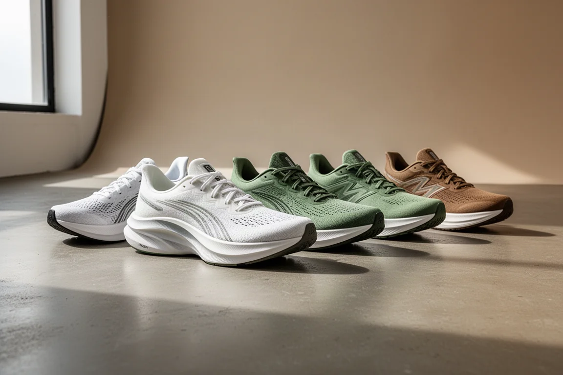 Reihe moderner Laufschuhe auf einem Betonboden im Studio