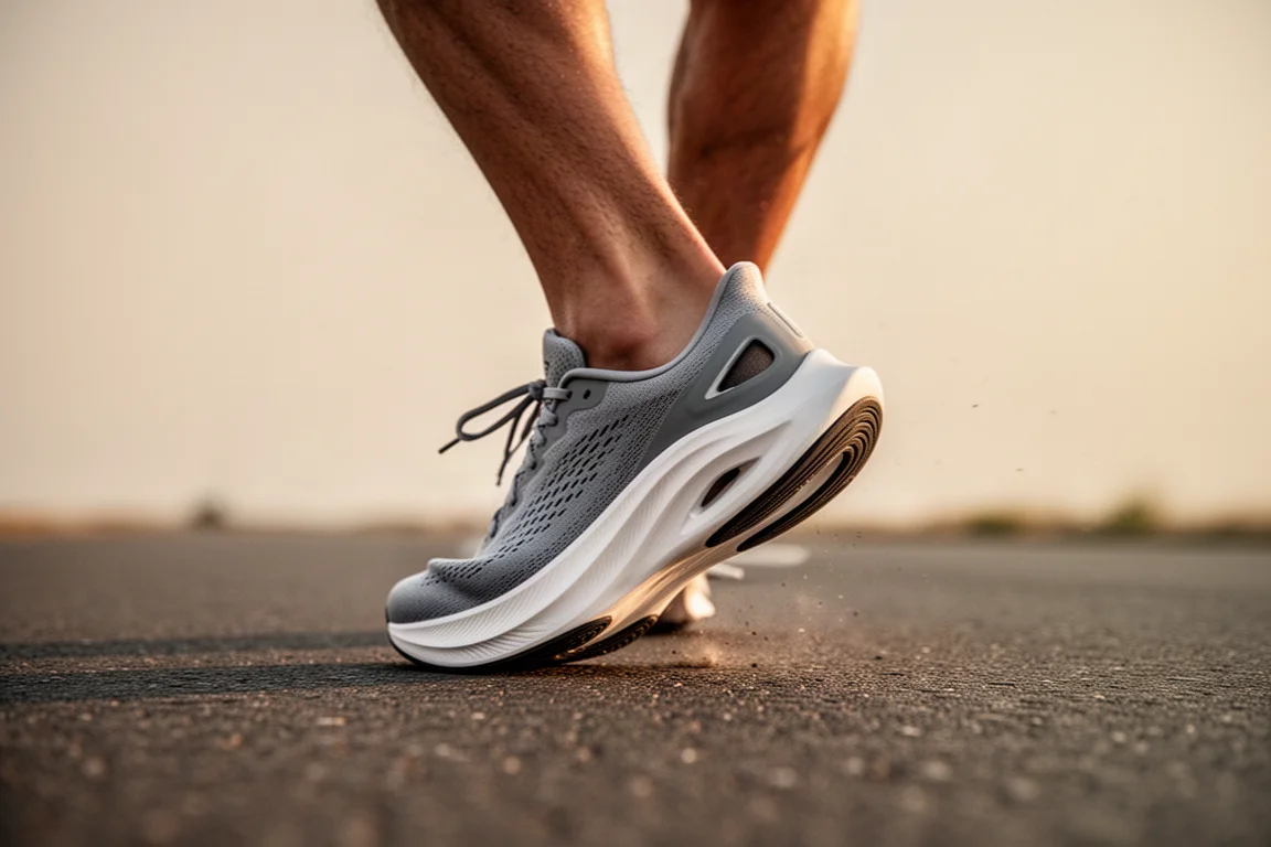 Mittelfuß eines Läufers, der in einem modernen Laufschuh mit dicker Sohle auf der Straße aufsetzt
