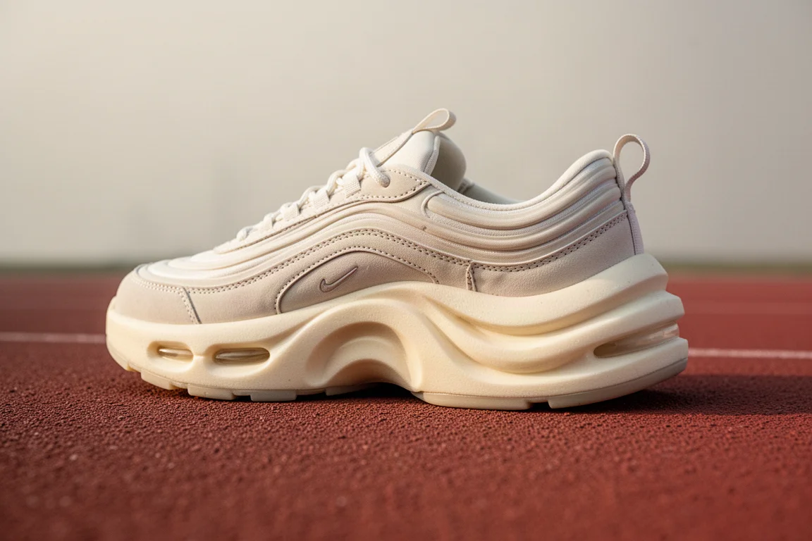 Dämpfender Laufschuh mit maximaler Dämpfung, dessen Mittelsohle auf einer weichen Bahnflanke gedrückt wird