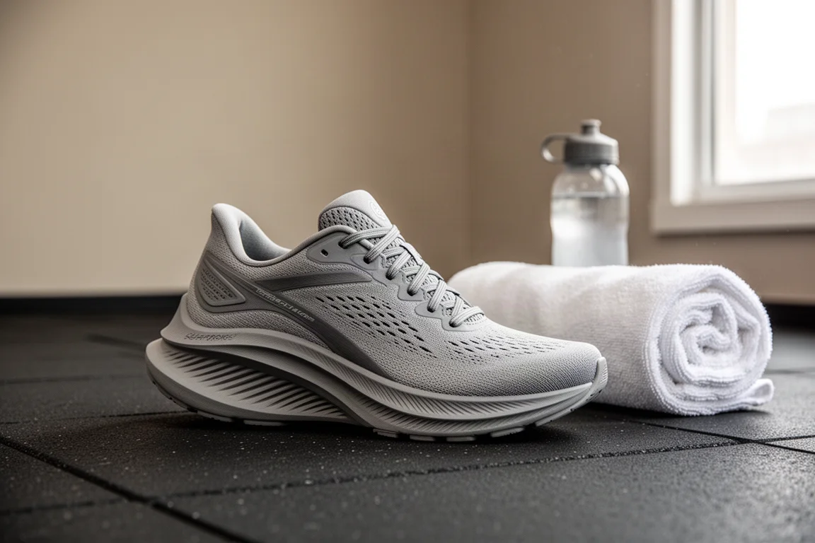 Stabilitätslaufschuh mit Rocker-Geometrie auf Gymnastikboden