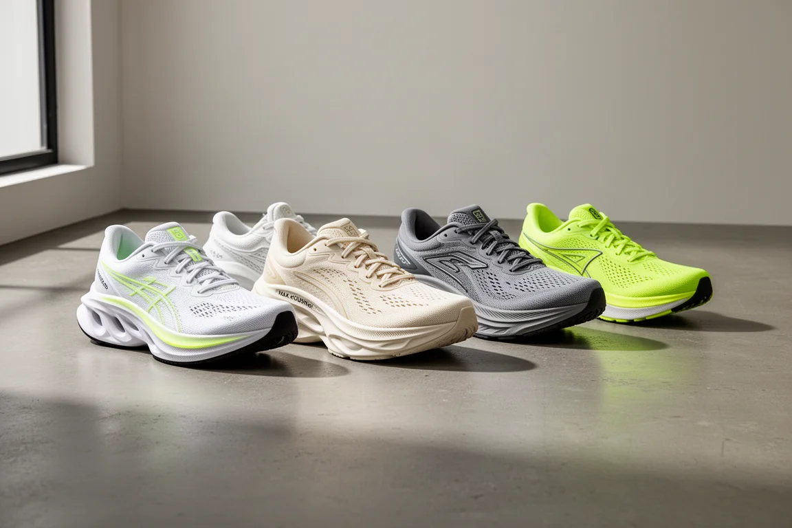 Lineup of six modern running shoes on a grey studio floor