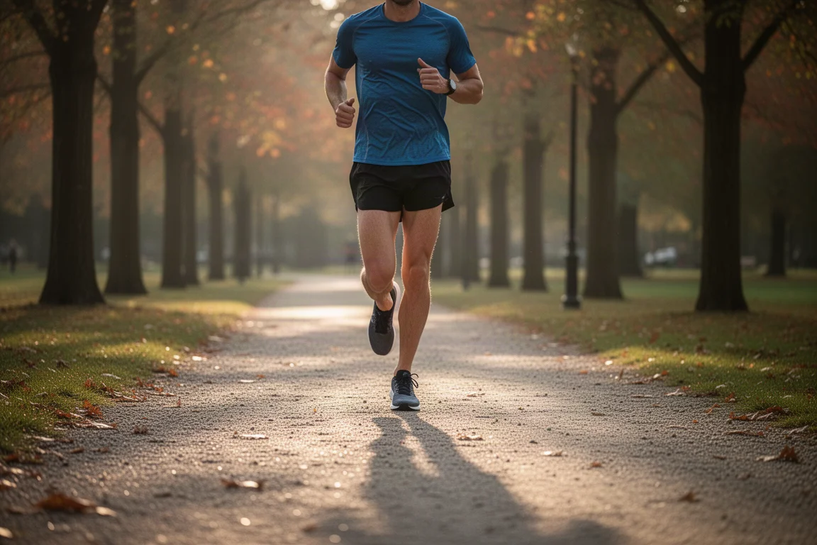 Nybörjarlöpare som joggar på en parkstig i skumt kvällsljus