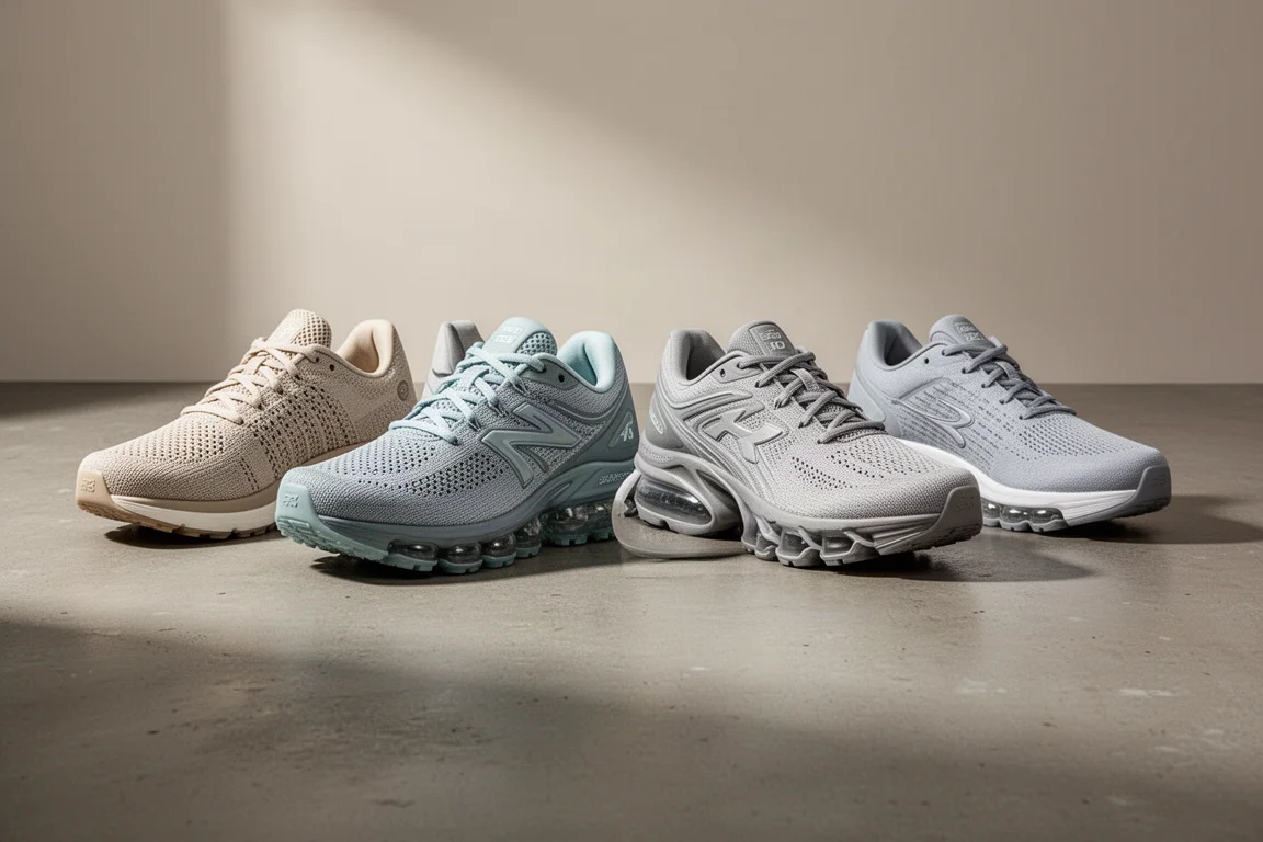 Four running shoes arranged in a row on a concrete surface