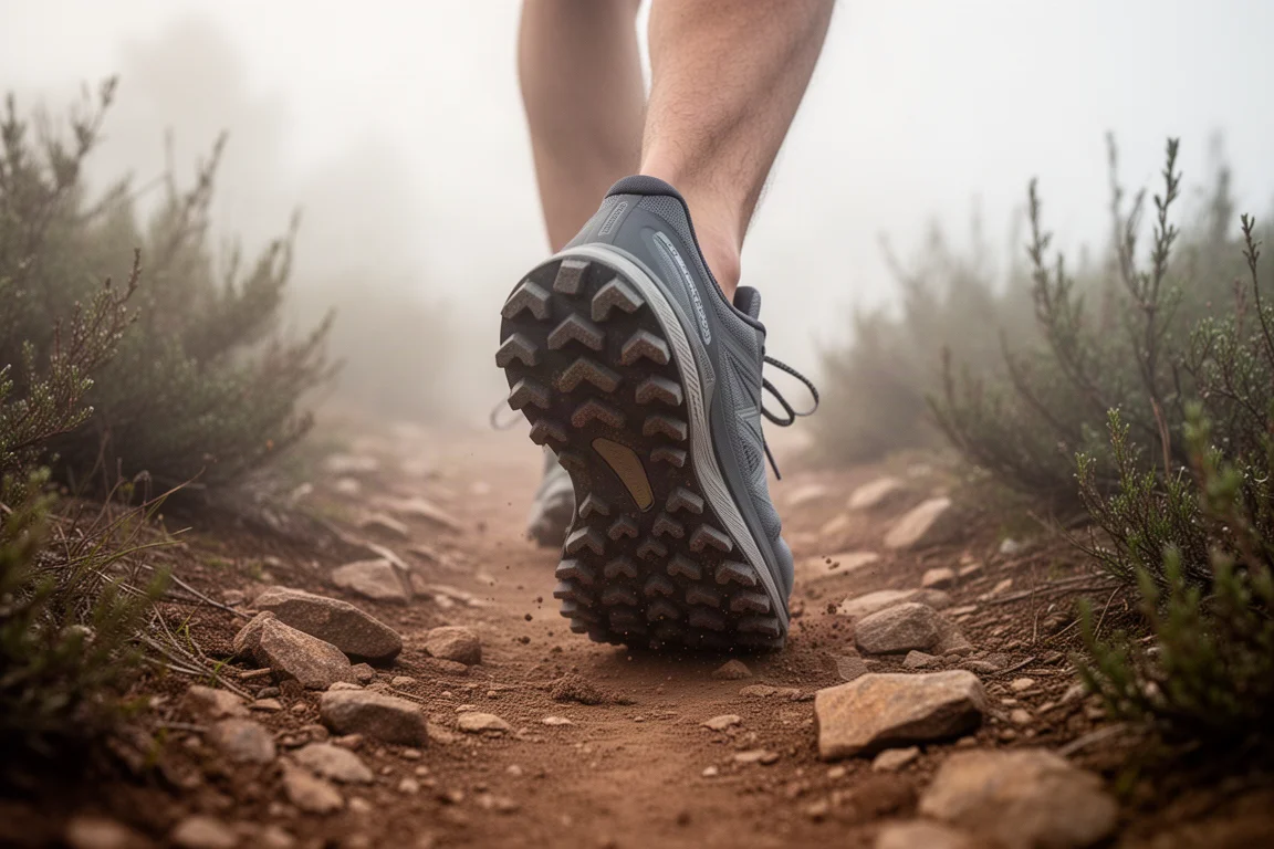 Trail-Schuh greift auf einem felsigen Singletrail im sanften Morgennebel