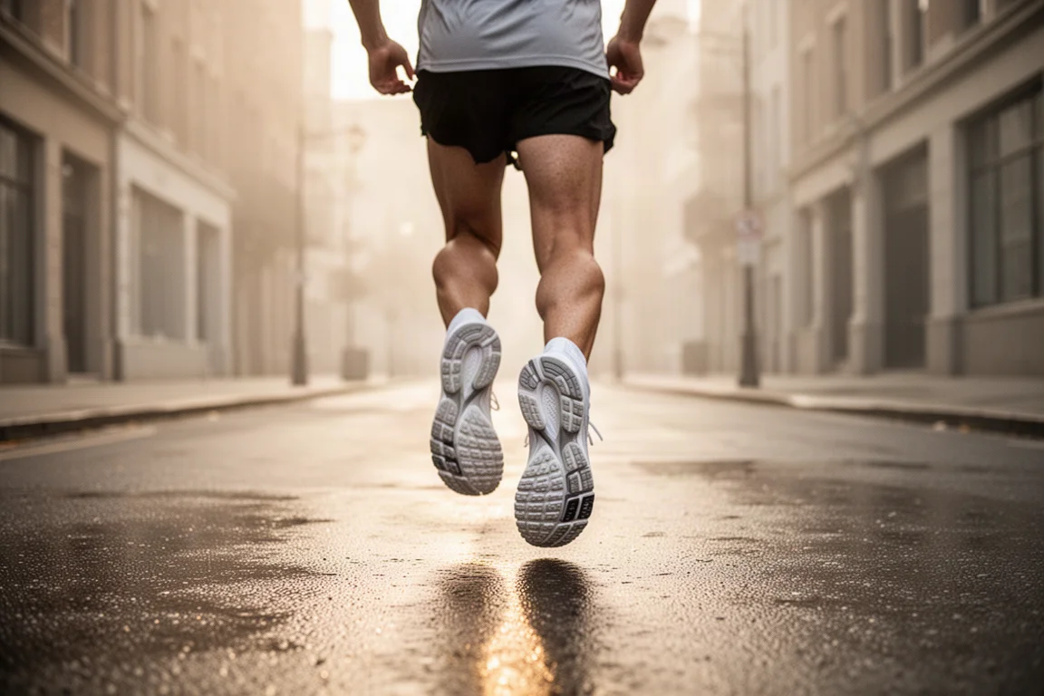 Runner in max-cushion trainers starting an easy morning run on quiet city streets