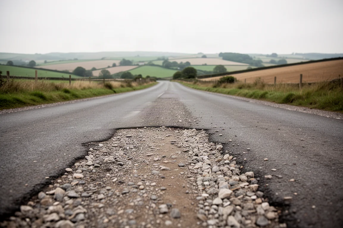 Gravel road transitioning from tarmac to crushed stone in soft daylight