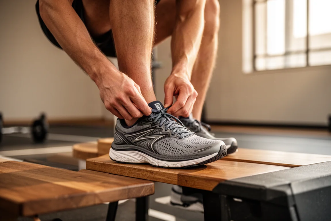 Runner lacing up a cushioned daily trainer before a treadmill session