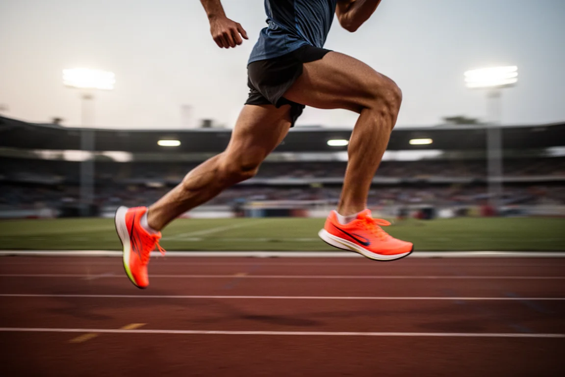 Runner executing a hard track workout at dusk under stadium lights