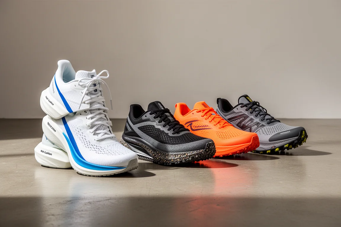 Reihe moderner Laufschuhe, darunter ein Max-Cushion-Trainer, ein Gravelschuh, ein Rennschuh und ein Trailschuh auf Beton
