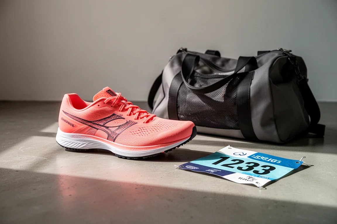 Coral-colored road racing shoe resting on a concrete surface in soft daylight