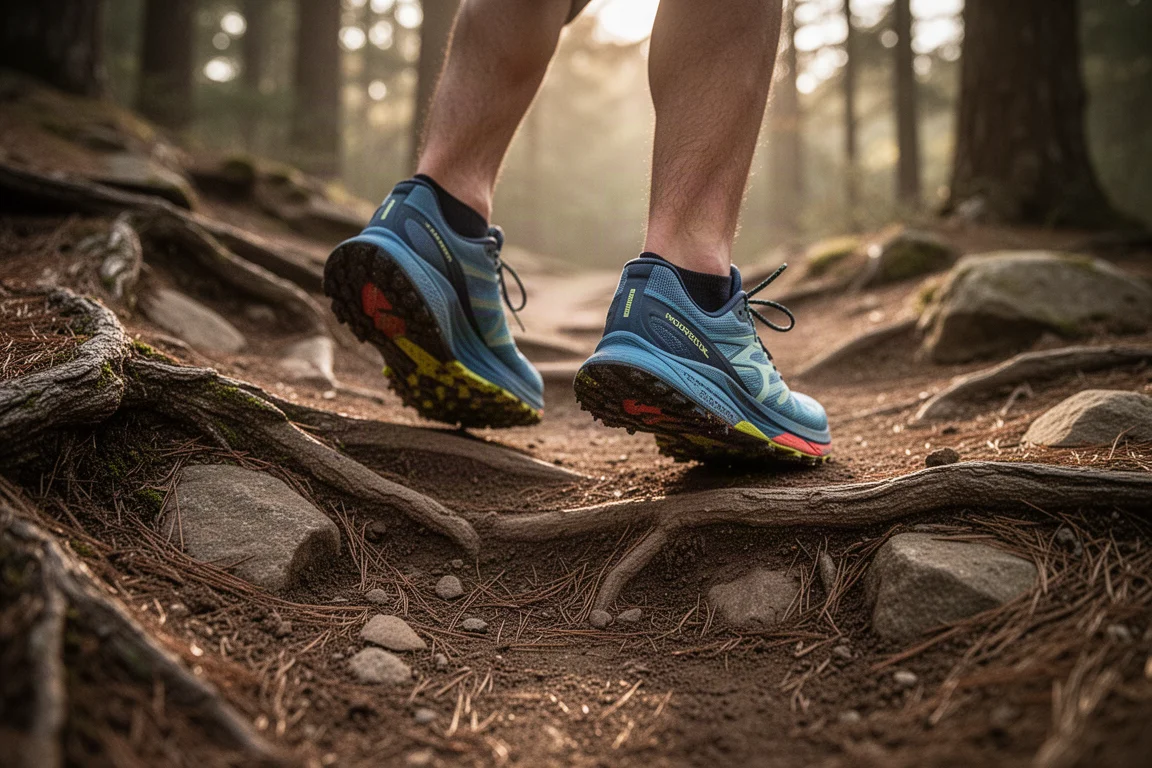 Trail runner's feet on rocky singletrack with rugged outsoles gripping the ground