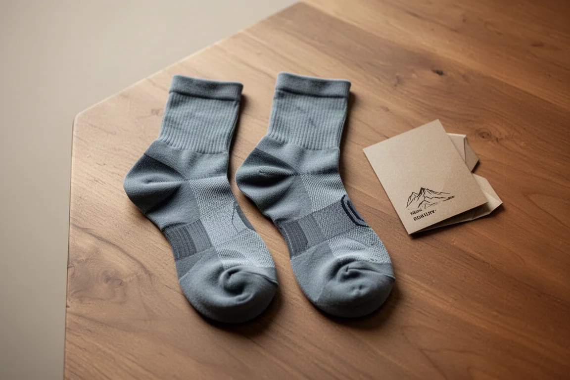 Pair of lightweight trail running socks laid flat on a wooden surface