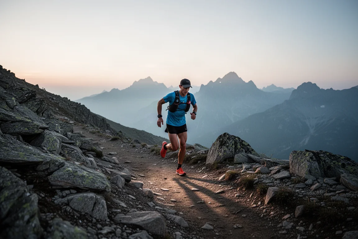 Trail runner moving along a high alpine ridge in soft evening light