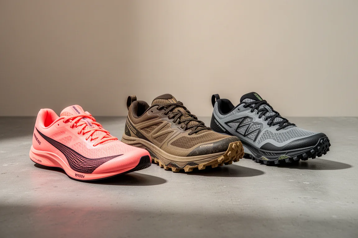Drei Laufschuhe nebeneinander auf einer Betonoberfläche, darunter ein korallfarbener Straßenrennschuh und zwei Trailschuhe