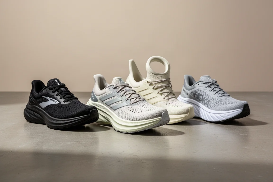 Four modern running shoes lined up on a concrete surface