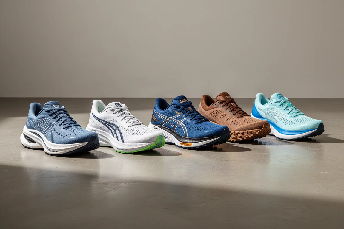 Lineup of six modern running shoes on a concrete floor