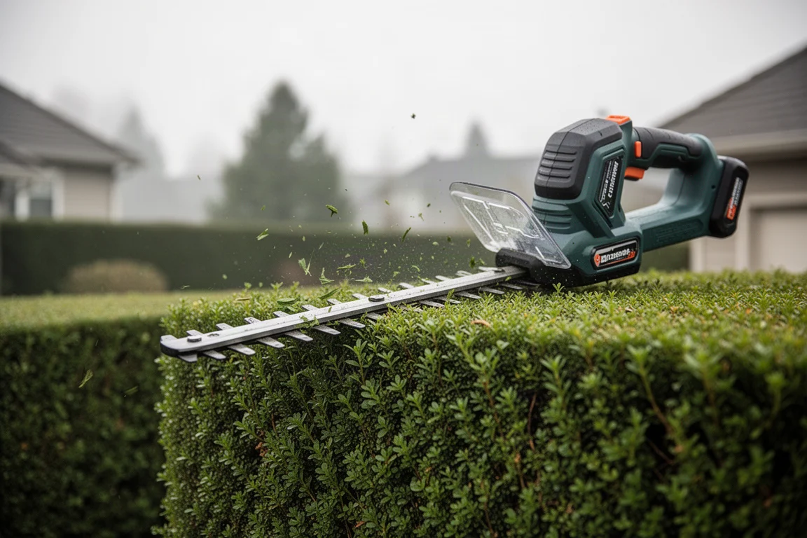 Heckenschere fegt geschnittene Triebe von der Oberseite einer sauber geschnittenen Hecke